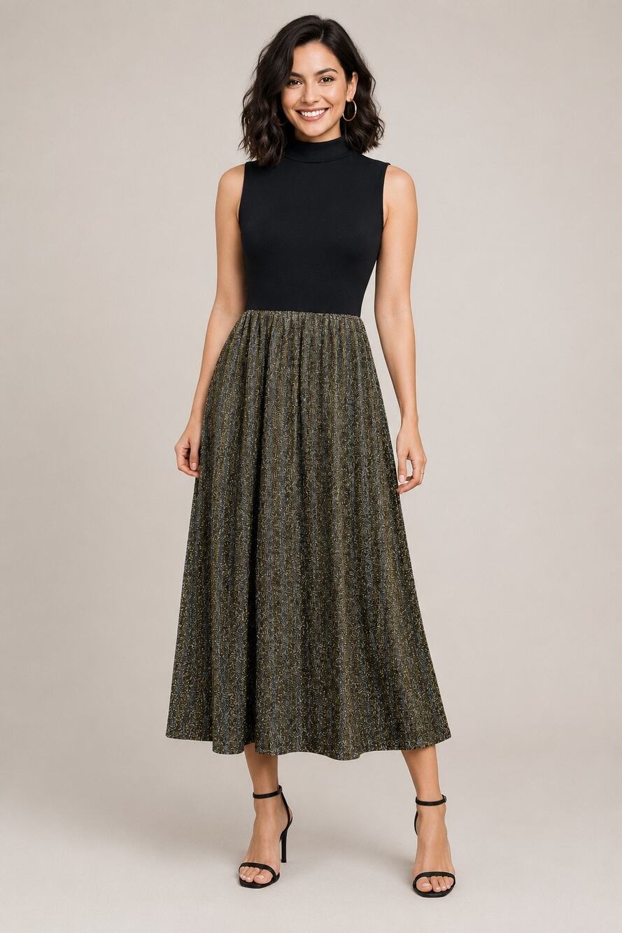 J.Crew Mixed Media Mockneck Metallic Pleated Midi Dress Black Gold Sparkle S NWT